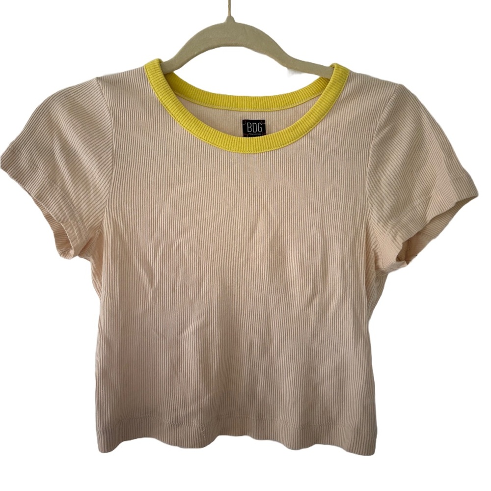 Urban Outfitters Ribbed Baby Tee | Tan with Yellow Neckline